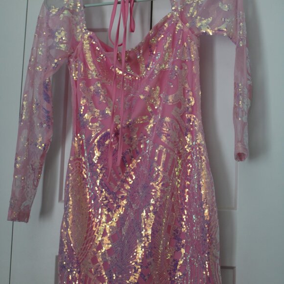 Pink Sequin Bodycon Mini Dress with sheer sleeves - Picture 2 of 3